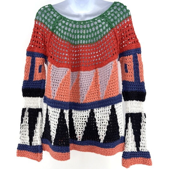Free People Sweater Women M Crochet Knit Multicolor Boho Pullover Festival - Picture 2 of 7